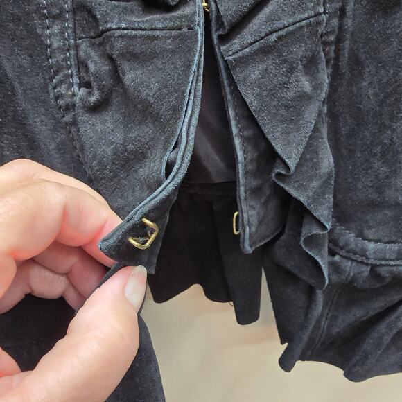 Lal Live a Little 100% Suede Leather Ruffle Front Blazer Jacket Black SZ Small - Picture 5 of 8